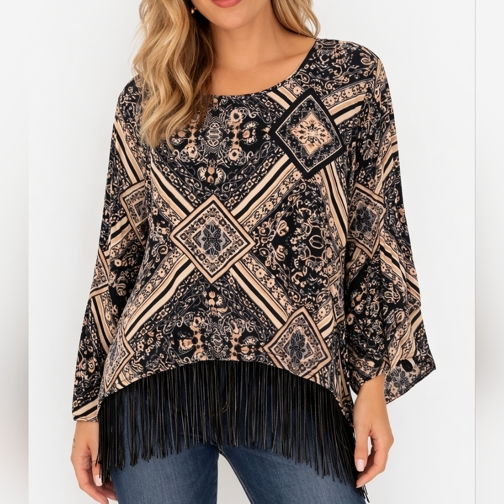 KATE & MALLORY Boho Floral Paisley Fringe Oversized Festival Flapper Blouse